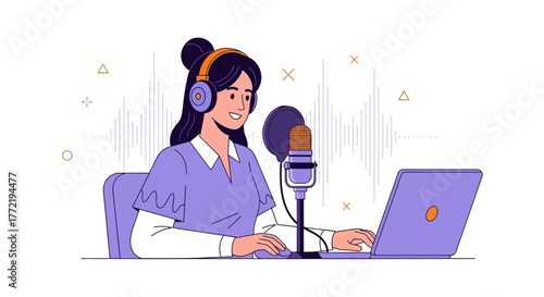 Woman Podcasting Livestreaming Using Microphone and Laptop During Broadcast Session