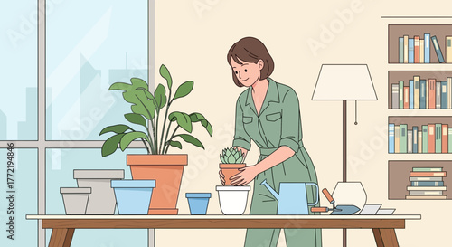 Woman Transplanting Succulent plants in Home, Indoor Gardening, Decorative Plants, Hobby