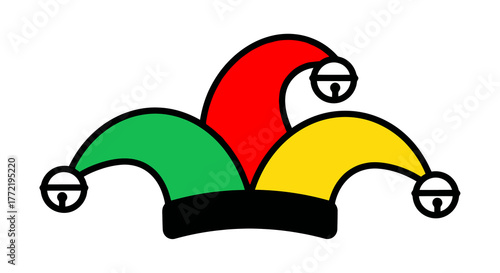 Whimsical joker hat illustration with red, green, and yellow points and jingle bells. A vibrant symbol of fun, humor, and medieval court entertainment