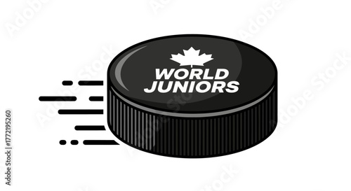 Hockey Puck with Maple Leaf and World Juniors Text Displaying Speed with Motion Lines