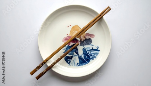 Overhead shot of a decorated plate with chopsticks
