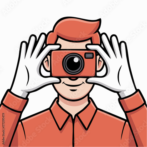 red‑shirted shutter: gloved hands framing the moment with vintage camera