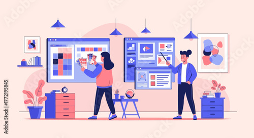 Creative Team Brainstorming Ideas And Selecting Colors For Project Design Illustration