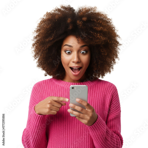 Expressive woman showcases modern smartphone feature against minimalist setting