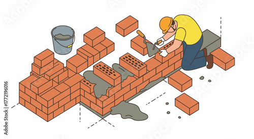 An isometric vector illustration depicting a skilled bricklayer meticulously constructing a sturdy brick wall using traditional tools and techniques.