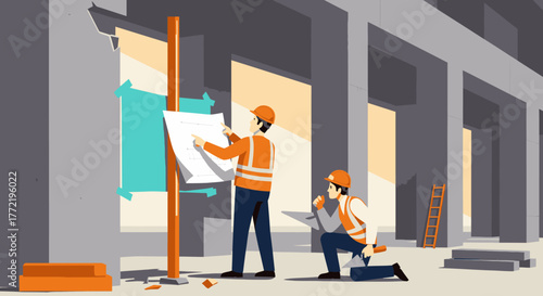 Two construction workers review blueprints on an active building site, planning the next phase of a modern urban development project.