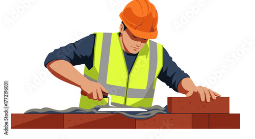 An illustration depicts a skilled builder in a hard hat and high-visibility vest, carefully laying bricks with mortar and a trowel to construct a wall.