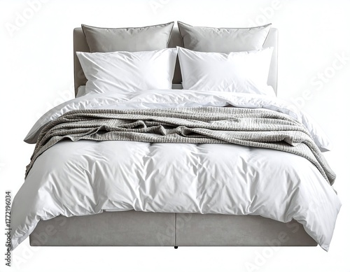 King-sized bed with white linens, pillows, and a gray blanket