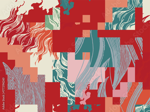 Colorful hand drawn brush lines abstract fire collage patchwork seamless pattern, Japanese wood carving, block print style texture background, creative flames graphic for textile, carpet,