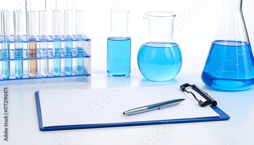Laboratory equipment with blue liquid, a clipboard, and a pen on a white surface
