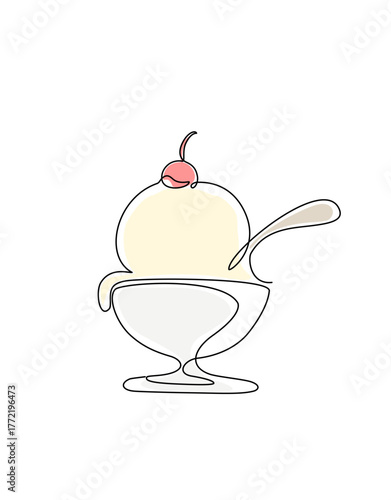 Minimalist continuous one line drawing of an ice cream sundae with a cherry on top and spoon, symbolizing sweetness, summer, and simple pleasure. Vector Editable stroke.