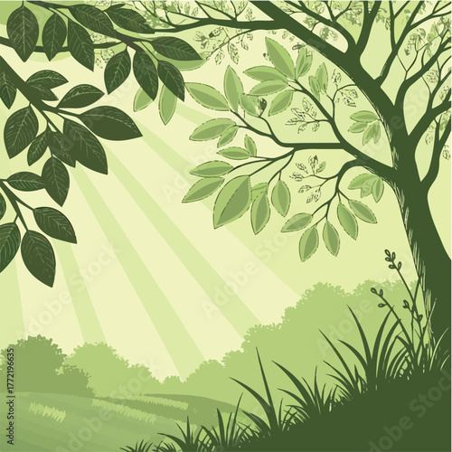 Green Nature Landscape – Forest Trees, Leaves, and Sunlight Vector Background Illustration