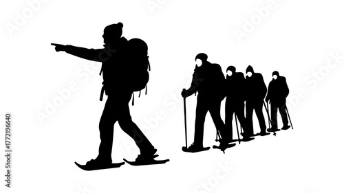 Skiers following leader with transparent background