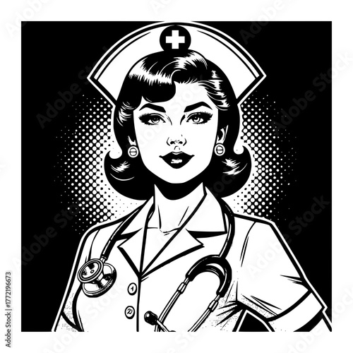 nurse in 1950s retro pop art style, medical uniform, medical equipment, image vector illustration