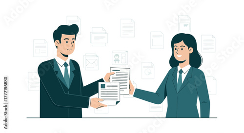 Business Partners Collaborating On Documents And Data For Teamwork And Success