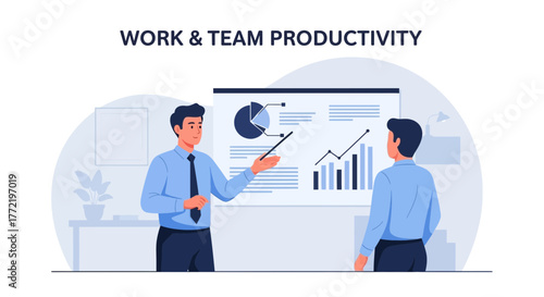 Business Presentation Depicting Data Analysis, Teamwork, and Informative Growth Diagrams