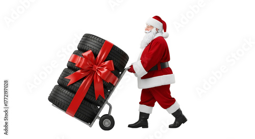 Santa claus pushing a trolley with a stack of tires tied with a red ribbon and bow, isolated on transparent background