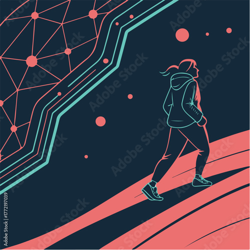 Futuristic Neon Landscape with Walking Person – Modern Digital Abstract Vector Illustration