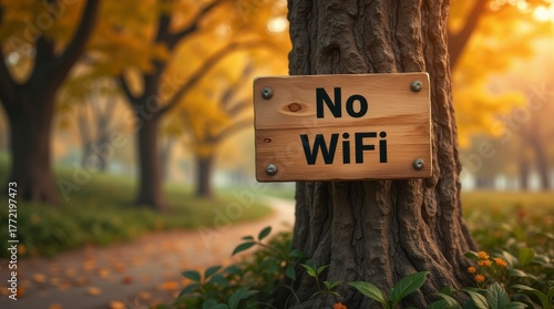 No WiFi Zone: A rustic sign warns of a WiFi-free zone, offering a moment to disconnect from technology and reconnect with nature. Set in a park with autumn foliage.