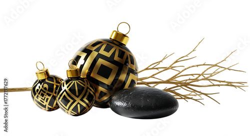 Elegant christmas ornaments with a geometric gold pattern and black stones, isolated on transparent background