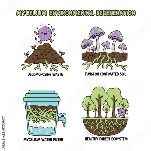 Mycelium Environmental Regeneration Icon Set Illustrating Fungi's Role in Nature and Sustainability