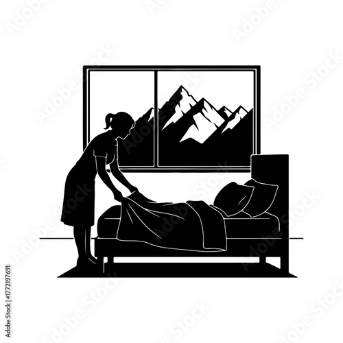 Housekeeping making bed with mountain view