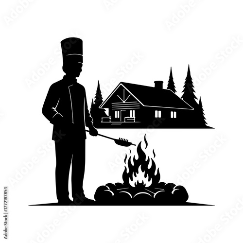 Chef cooking over fire near cabin with transparent background