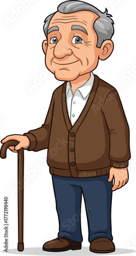 Cartoon elderly man with walking stick, wearing brown sweater and blue pants, vector illustration for senior character design and healthcare.