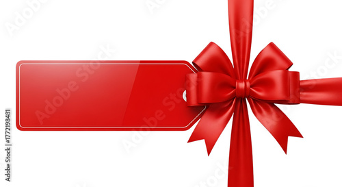 A vibrant red satin ribbon tied in a perfect bow with a blank rectangular tag, isolated on a transparent background, symbolizing celebration and gifting opportunities