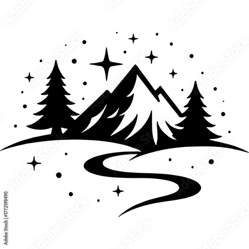 Fabulous night landscape in mountain valley. Engraving minimalistic vector in black ink drawing on transparent background