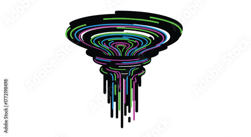 Abstract swirling vortex of colorful digital lines on a white background, representing data flow and technology.