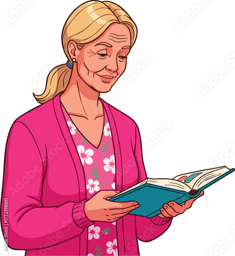 Cartoon elderly woman reading book with happy smile, senior grandmother character enjoying leisure time, education and knowledge in relaxing moment