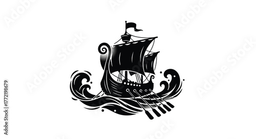 Dramatic black silhouette of a Viking ship sailing through choppy waves under a flag.