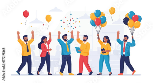 Joyful Group Celebrating With Balloons and Confetti in a Modern Office Space Celebration