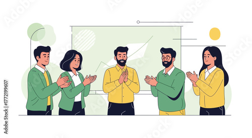 Business Team Celebrating Success With Applause After A Presentation With A Growth Chart