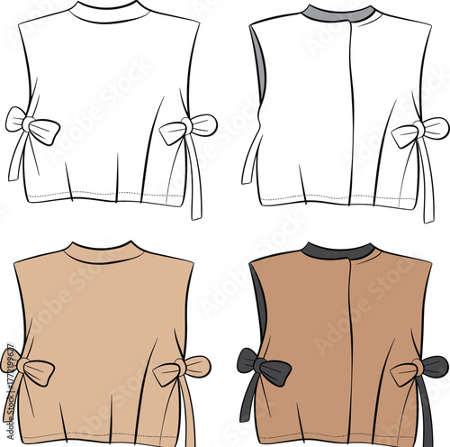 sleeveless top, round neck blouse, bow detail shirt, fashion flat sketch, garment design vector, apparel template, clothing illustration, cad drawing flat vector