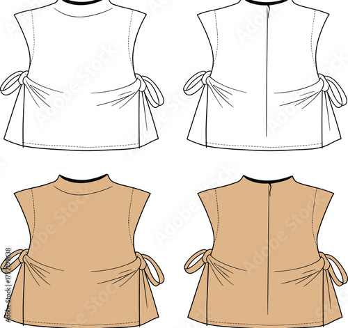 sleeveless top, round neckline blouse, side tie shirt, fashion flat sketch, garment cad drawing, apparel vector template, clothing illustration, design flat vector