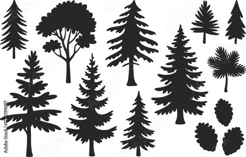 Cad drawing flat vector, tree silhouette set, pinecone illustration, forest nature outline, botanical design element, woodland graphic, ecology template, natural shapes