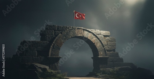 Ancient Arch and Turkish Flag: A dramatic shot of an ancient stone arch, with the flag of Turkey proudly waving atop, set against a brooding sky, evoking a sense of history and national pride.