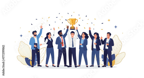Business Team Celebrating Victory, Holding Trophy, With Decorative Golden Illustrations