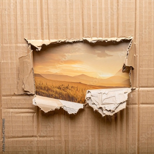 Landscape photo visible through a ripped cardboard frame
