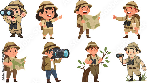 Cartoon Explorer Kids Vector Set with Binoculars, Map, Camera – Adventure Characters for Nature Observation, Travel, Education, and Exploration