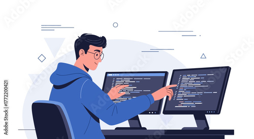 Software Developer Working On Code With Two Monitors, Programming and Coding Skills