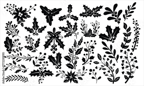 Festive Winter Foliage and Holly Berries Silhouette Collection