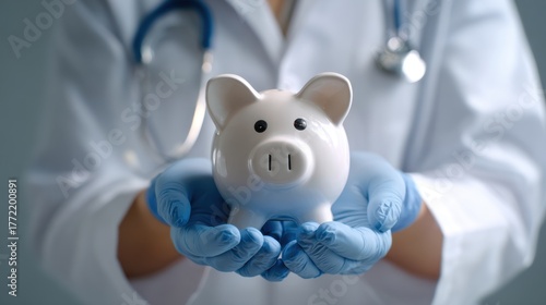 Medical Professional Holding White Piggy Bank with Blue Gloves in Healthcare Setting