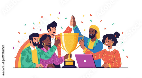 Team Celebrates Success and Achievement with Trophy and Festive Confetti Displays