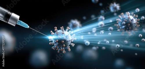 vaccine virus development concept. A syringe injecting a vaccine targeting viruses depicted in a digital design.
