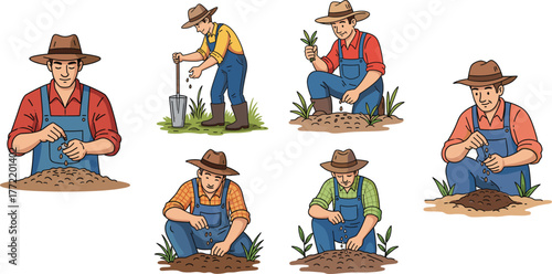 Cartoon farmer characters planting seeds, growing plants, gardening illustration showing agriculture, farming, eco friendly lifestyle and sustainable cultivation.