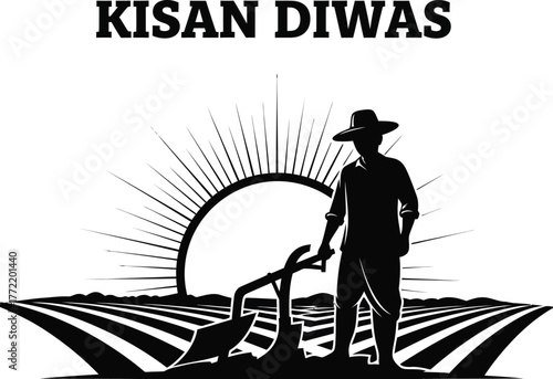 Kisan diwas silhouette vector illustration of a farmer plowing field with sun
