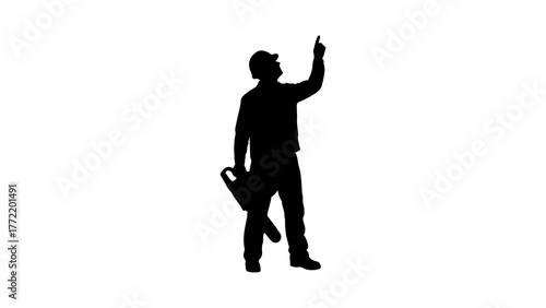 Tradesman pointing up with toolbox with transparent background